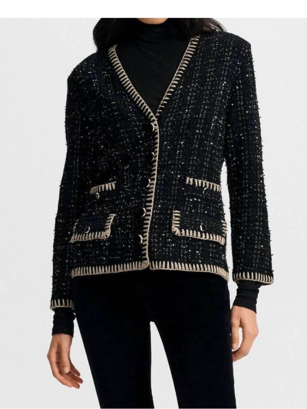 Veronica Beard Ceriani Black Tweed Button-Front Jacket with Contrast Trim NWT